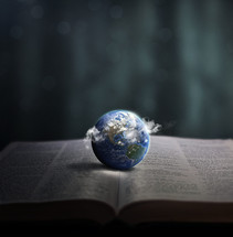 Planet earth on the spine of an open Bible.