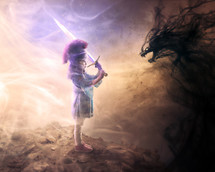 A little girl has a helmet and sword and bravely fights the dark dragon