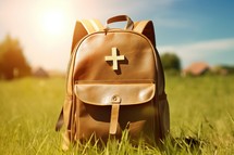 Brown Backpack with Field Background