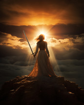 As the sun dips below the horizon, a faithful Christian warrior-woman stands resolute on the mountaintop, her sword poised to defend the vast fields below in a scene of unwavering devotion.