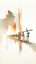 Silhouette of Jesus Christ carrying the cross. Digital watercolor painting.