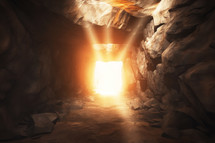 Resurrection. Entrance to a cave with light at the end