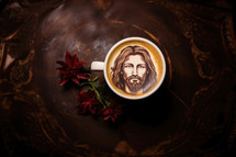 A cup of coffee with an image of Jesus on a wooden background