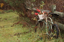 a rusty bicycle leaning against a fence 