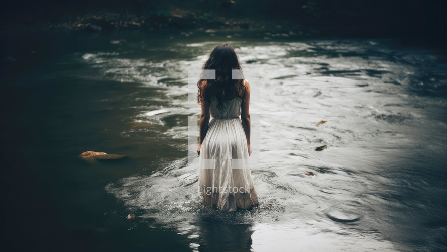Baptism. Beautiful girl in a long white dress standing in the river.