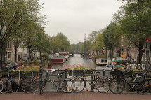 Bikes line the bridge over a canal in Amsterdam