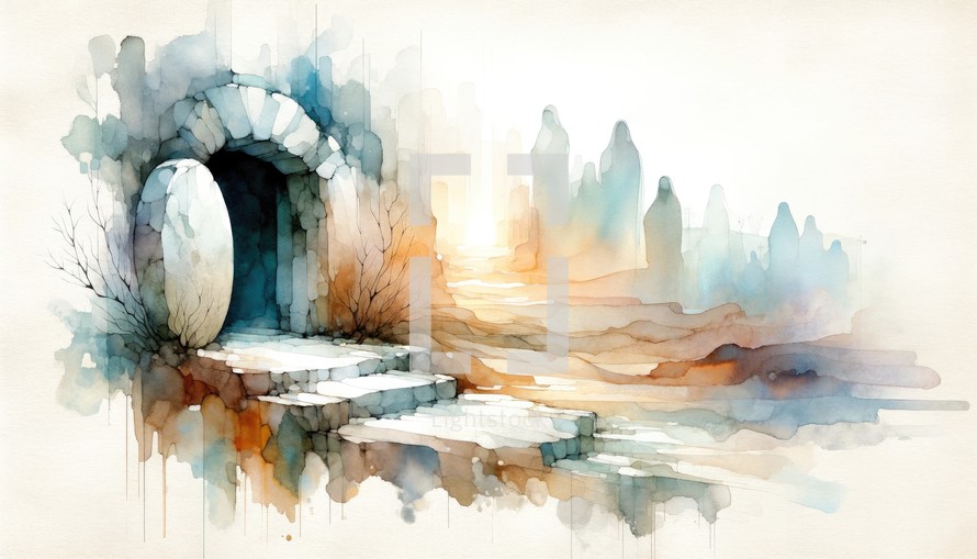 Resurrection of Jesus. The tomb is discovered to be empty. Life of Jesus. Digital watercolor painting. 