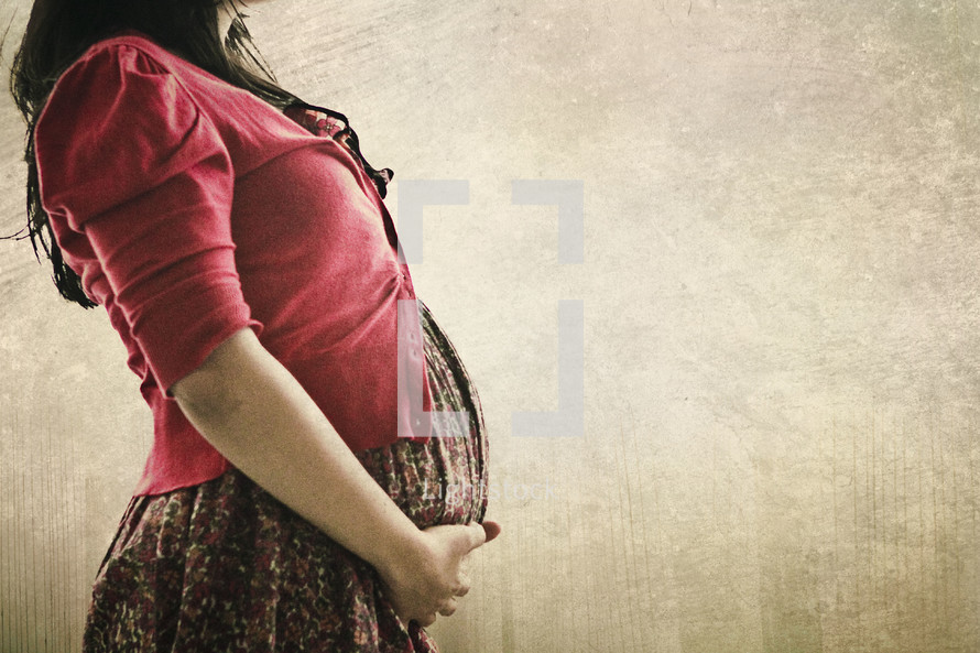 a torso of a pregnant woman holding her belly 