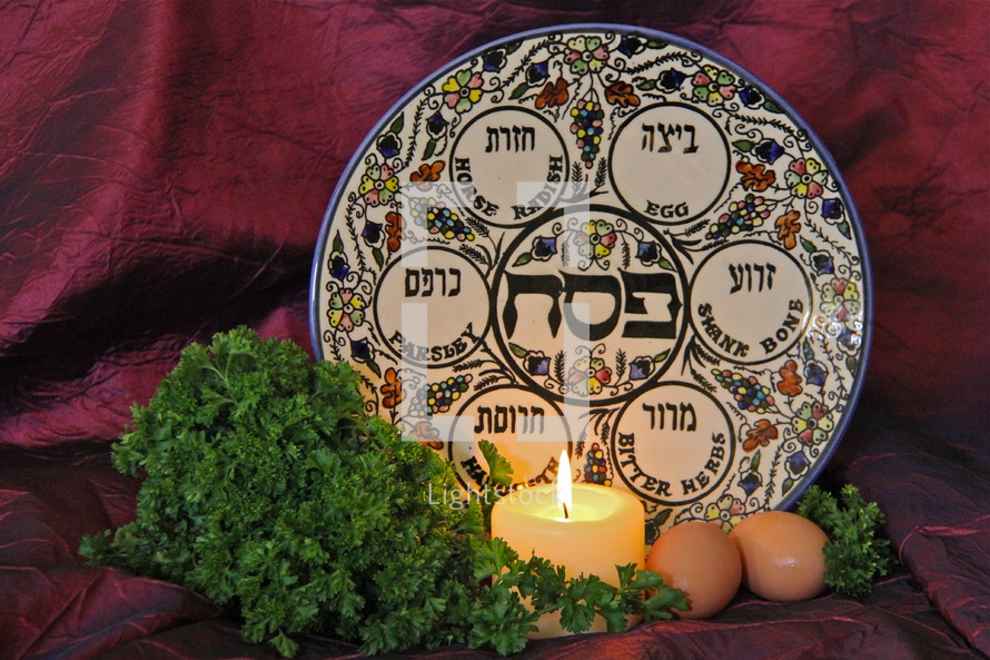Jewish Passover Seder plate, parsley and eggs