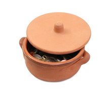 Small ceramic pot full of Euro coins