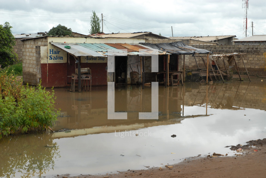 Shanty building with flood damage in Africa. 