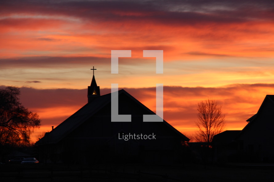 church silhouette at sunset 