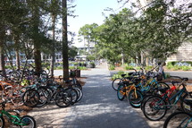 bikes parked everywhere along a sidewalk 