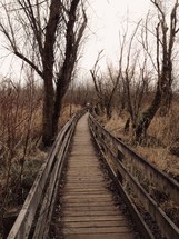 wooden footbridge through a brown winter forest 