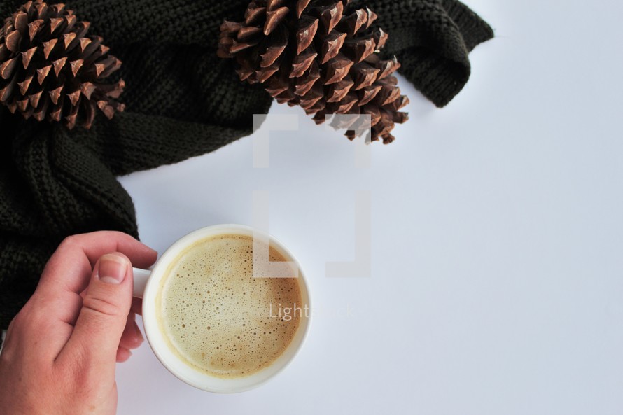 latte, pine cones, and knit scarf 