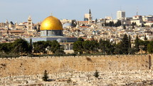 Gold domed Dome of the Rock mosque from across the Kidron Valley, Jerusalem.
