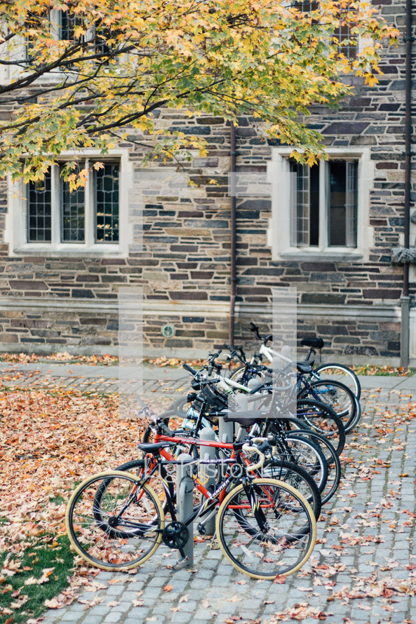 bikes on a bike rack on a campus 