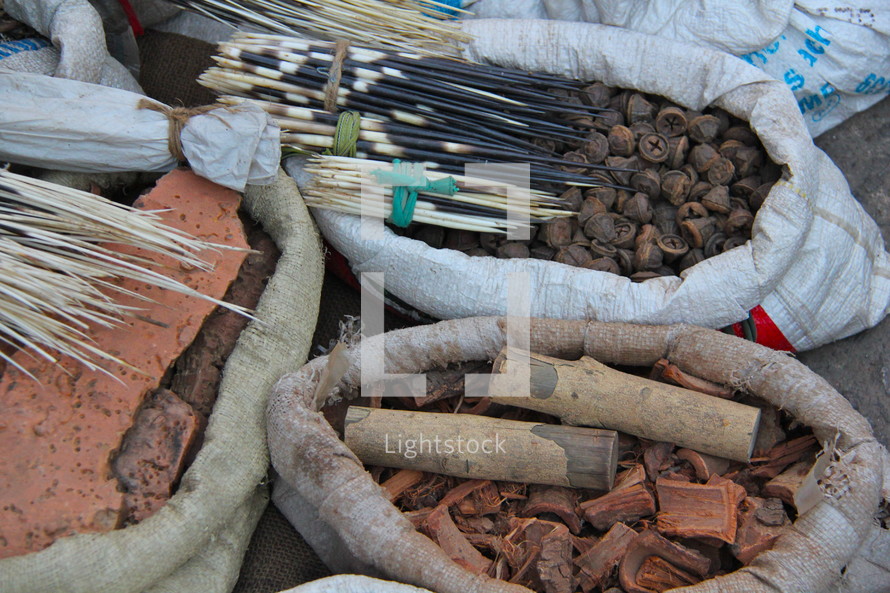 Baskets of witchcraft medicine at the home of a witch doctor