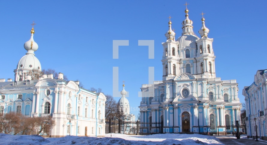 blue and white Smolny cathedral