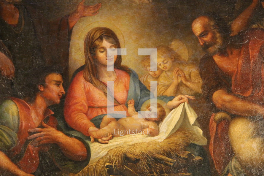 Traditional painting of Mary and baby Jesus in the manger surrounded by shepherds and wise men.