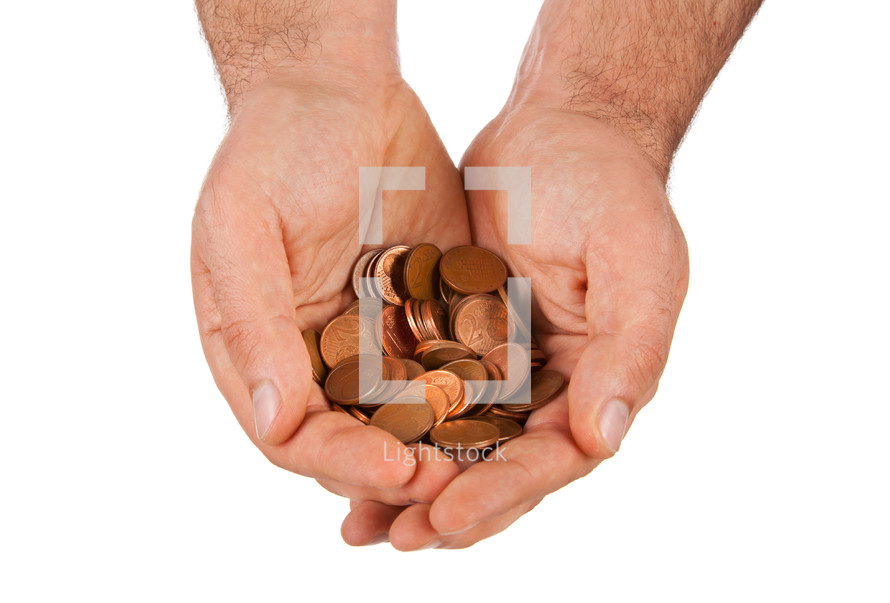Copper Euro coins in hands isolated on white background.
