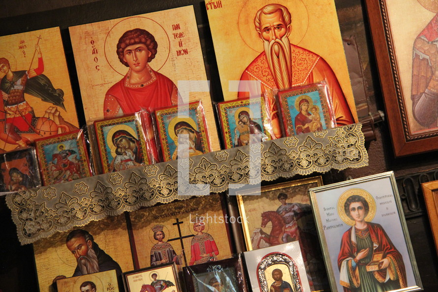 Eastern Orthodox Icons of Saints and the Holy Family.
