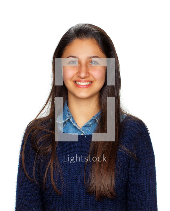 teenager smiling on white background, concept of student and generic person.
