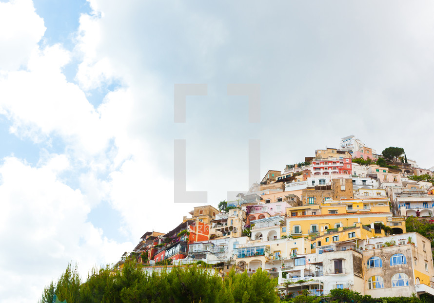 Beautiful view of the colorful houses and Mediterranean Sea in Positano, Italy