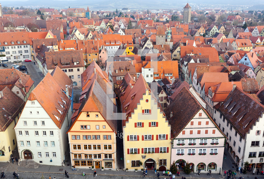 Scenic winter aerial panorama of the Old Town architecture and Market Square in Rothenburg ob der Tauber.