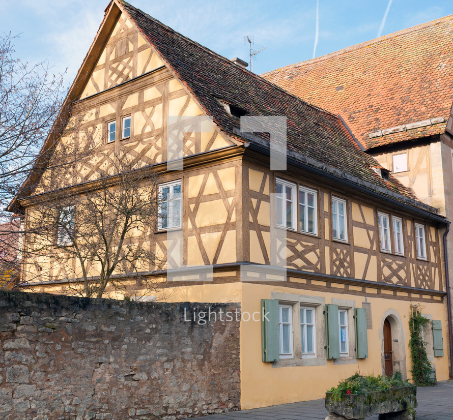 Traditional Half Timbered School in the famous medieval town of Rothenburg in Bavaria, Germany