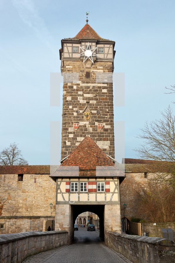 Old castle gate with castle tower of Rothenburg ob der Tauber in Germany