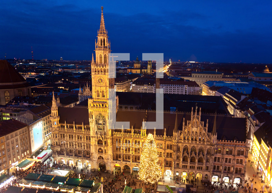 Aerial image of Munich with Christmas Market, Germany.