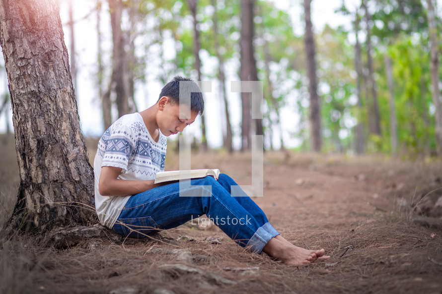 a boy reading a Bible under a tree 