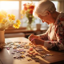 90 year old woman putting together a puzzle at home with warm light
