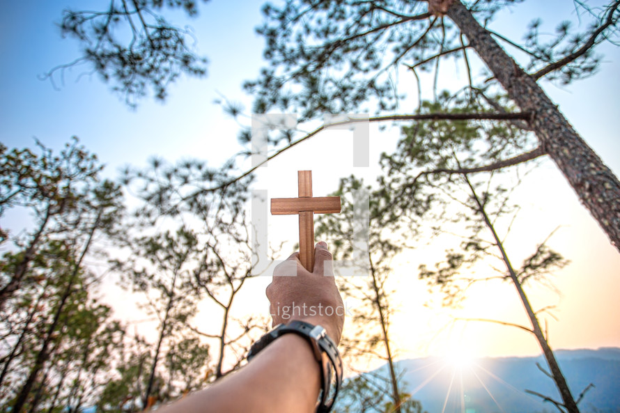 raised arm holding up a wooden cross 