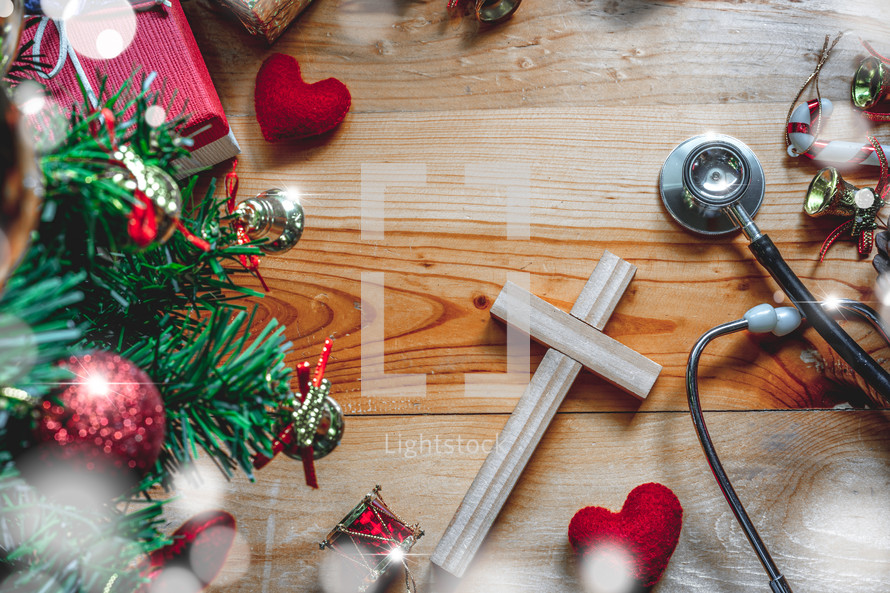 Christmas Time celebration, Christmas decorations and medical devices, stethoscope, Celebration in self-isolation, coronavirus, covid-19, Christmas concept.
