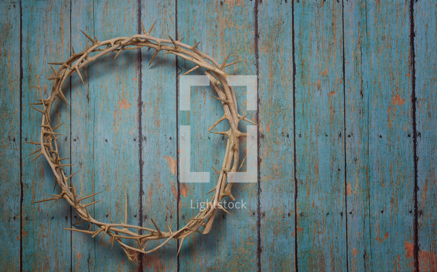 crown of thorns on teal wood background 