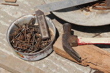 rusty, nails, hammer, crow bar, tools, chisel