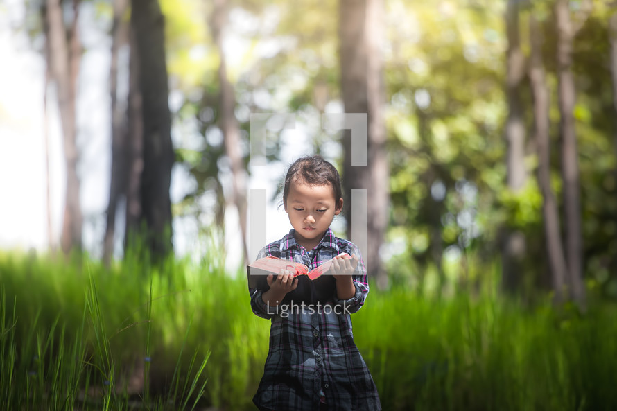 a little girl reading a Bible alone in a forest 