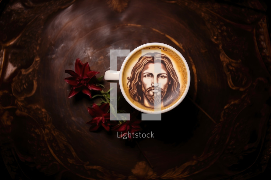 A cup of coffee with an image of Jesus on a wooden background