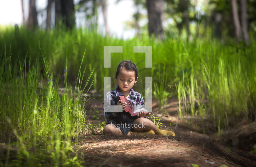 a little girl sitting outdoors in tall grass in a forest reading a Bible 