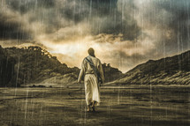 Jesus walking through a rainstorm toward brightly lit clouds.