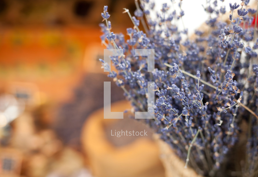 Lavender bunches selling in a outdoor market. Horizontal shot with selective focus