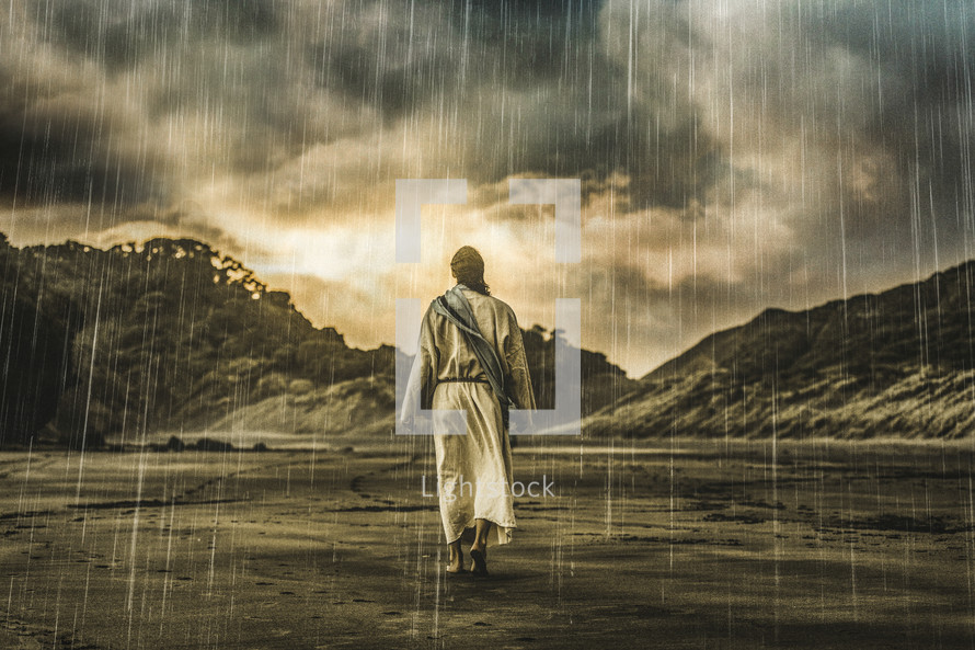 Jesus walking through a rainstorm toward brightly lit clouds.