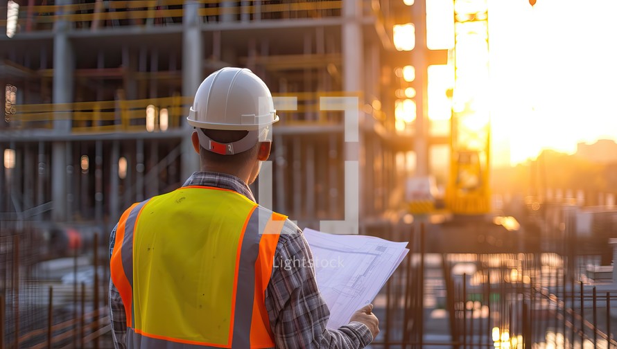 Engineer reviewing blueprint at construction site during sunset