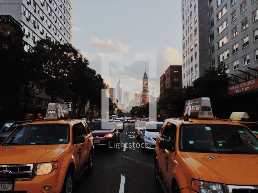 Taxi cabs and traffic in a city