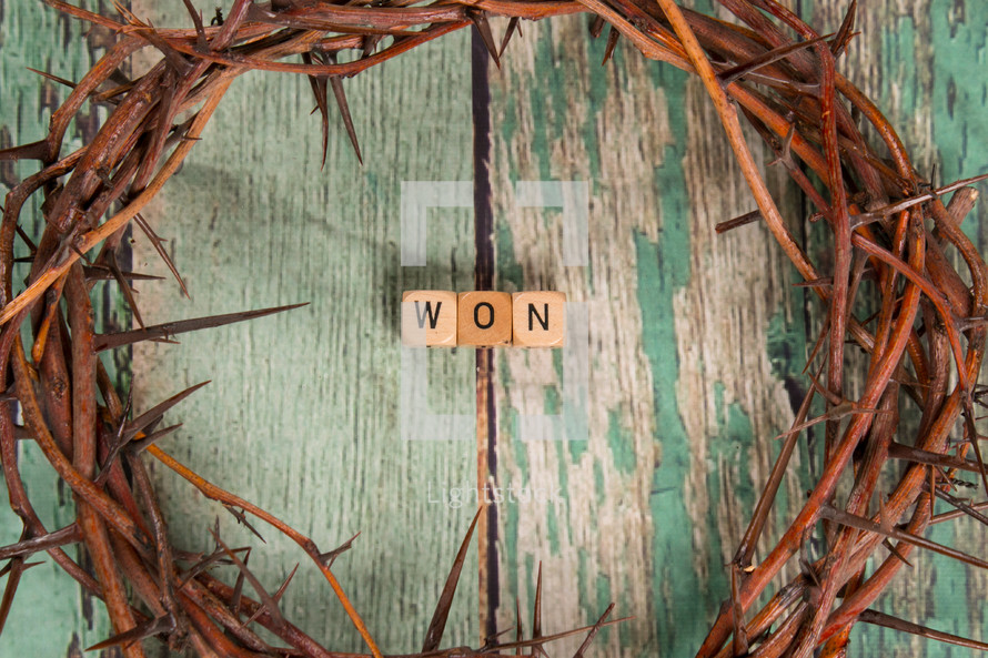 won and crown of thorns on a green wood background 