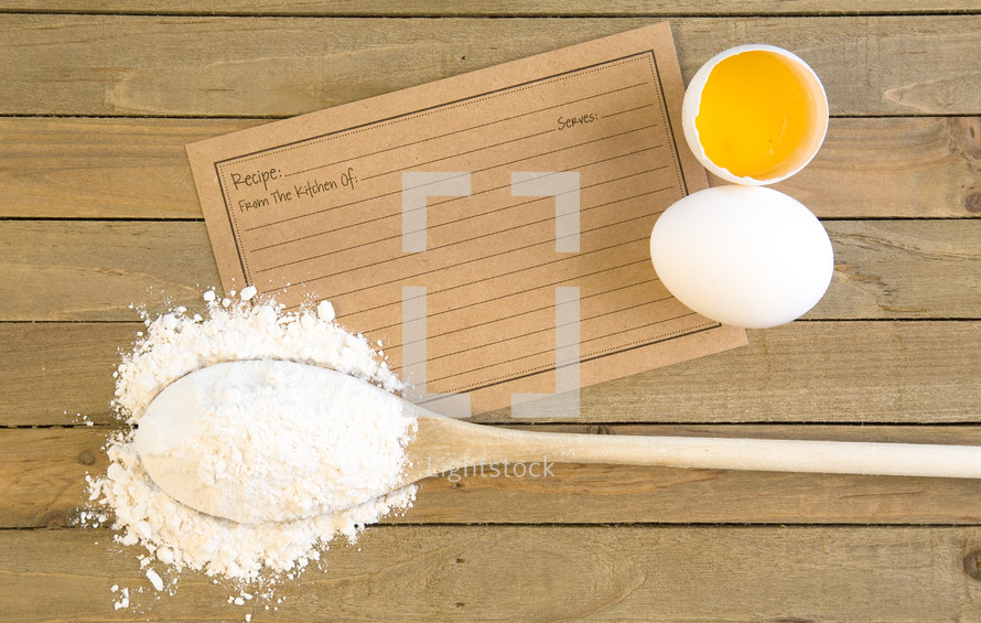 eggs, flour, and recipe card 