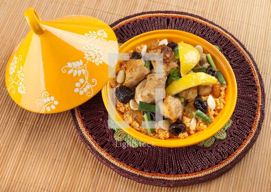 Tajine, Moroccan food, cous cous, chicken with lemon confit.
