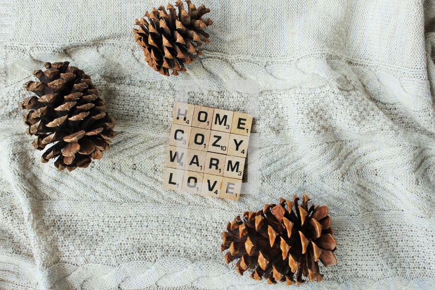 pine cones on a knit blanket and comfort words 